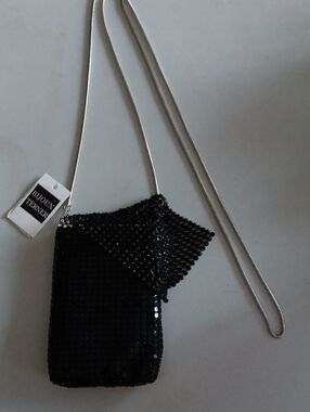 Bijoux Terner Black Beaded Crossbody Pouch with Silver Chain